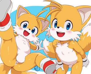 2_tails 5_fingers anthro anus areola balls biped black_nose blue_background blue_eyes blush blush_lines butt cheek_tuft chest_tuft clothing dipstick_tail facial_tuft fingers footwear fur genitals glistening glistening_eyes gloves hand_on_leg hand_on_own_leg hand_on_own_thigh hand_on_thigh handwear logo looking_at_viewer male male_anthro markings mostly_nude mostly_nude_anthro mostly_nude_male multi_tail multicolored_body multicolored_clothing multicolored_footwear multicolored_fur multicolored_shoes multicolored_tail navel nipples open_mouth open_smile pink_areola pink_nipples red_clothing red_footwear red_shoes shoes simple_background smile solo spread_legs spreading standalone_balls tail tail_markings teeth tongue tuft two_tone_body two_tone_clothing two_tone_footwear two_tone_fur two_tone_shoes white_background white_balls white_body white_clothing white_footwear white_fur white_gloves white_handwear white_shoes white_tail white_tail_tip yellow_body yellow_fur yellow_tail young young_anthro young_male homurabe sega sonic_the_hedgehog_(series) miles_prower canid canine fox mammal 2026 artist_logo digital_media_(artwork) hi_res japanese_description