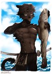 anthro arm_tuft athletic athletic_anthro athletic_male biped blue_sky border bottomwear brown_body brown_bottomwear brown_clothing brown_eyes brown_fur brown_hair brown_nipples brown_pants brown_scales cheek_tuft clothed clothing cloud day facial_tuft fur hair holding_fish holding_object katana looking_at_viewer male melee_weapon nipples open_mouth pants scales sea shoulder_tuft sky smile solo standing sword tan_body tan_scales topless topless_male tuft water weapon whiskers white_border huckypaw felid feline fish mammal marine 2021 artist_name character_name digital_media_(artwork) digital_painting_(artwork) hi_res portrait shaded three-quarter_portrait