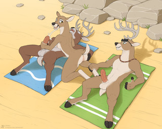 anthro anthro_on_anthro antlers balls beach black_nose bodily_fluids brown_body brown_fur butt cum erection eyewear eyewear_on_head female fur genital_fluids genitals group handjob horn male male/female nipples nude outdoor_nudity outside outside_sex penile penis sex sex_on_the_beach sunglasses sunglasses_on_head trio vulva wearing_sunglasses jishinu dorothy_(jishinu) deer mammal 5:4 hi_res