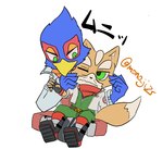 anthro beak blue_body chibi clothing duo fur jacket male male/male on_lap orange_body orange_fur pinch pinching_cheeks scarf sitting_on_lap topwear mono_ji_u nintendo star_fox falco_lombardi fox_mccloud avian bird canid canine mammal hi_res