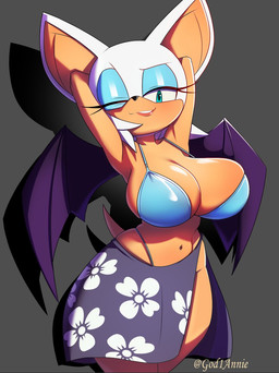 anthro bat_wings big_breasts big_ears bikini black_nose blue_bikini blue_clothing blue_eyes blue_eyeshadow blue_swimwear breasts cleavage clothed clothing eyelashes eyeshadow female floral_print glistening_eyelids grey_background hair half-closed_eyes hands_behind_head huge_breasts long_eyelashes looking_at_viewer makeup membrane_(anatomy) membranous_wings midriff narrowed_eyes navel one_eye_closed sarong short_hair simple_background smile solo swimwear text thong_straps twitter_handle two-piece_swimsuit white_hair wings god1annie sega sonic_the_hedgehog_(series) rouge_the_bat bat mammal 2026 artist_name hi_res