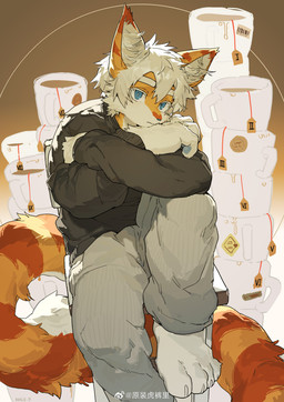 anthro barefoot beverage biped blue_eyes clothed clothing container cup cup_of_tea eyebrows feet fully_clothed fur hair male orange_body orange_fur solo tail tea tea_bag white_hair milkybot hu_ku_li_(milkybot) domestic_cat felid feline felis mammal absurd_res brown_theme digital_media_(artwork) hi_res restricted_palette