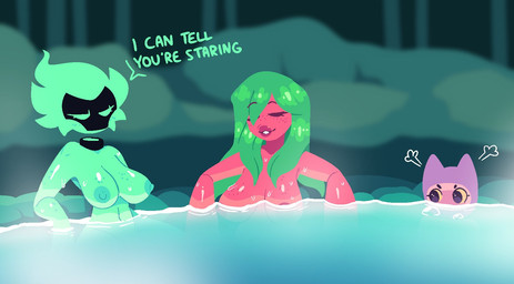 areola bath blush breasts cavern clothing eyelashes eyes_closed female freckled_breasts freckles green_areola green_body green_hair group hair lips markings mask nipples purple_clothing red_body red_lips smile staring_at_chest trio water conditional_dnp welwraith inka_(welwraith) radish_lady snowy_(snowytheghost) felid feline ghost humanoid mammal spirit hi_res