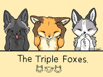 ambiguous_gender black_body black_fur black_nose blush brown_body brown_fur eyes_closed fangs feral fur gloves_(marking) grey_body grey_fur group markings multicolored_body multicolored_fur open_mouth orange_body orange_fur simple_background smile teeth text tongue trio tuft white_body white_fur fusau three_wise_monkeys canid canine fox mammal red_fox true_fox 2025 digital_media_(artwork) english_text hi_res signature