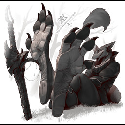 anthro armor barefoot black_bars claws clothed clothing draize duo feet foot_fetish foot_focus foot_lick foot_play fur licking lightened_soles male melee_weapon paws smile soles sword tail toes tongue weapon kredri mammal sergal letterbox