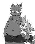 >o< annoyed anthro belly_grab boxer_briefs boxer_briefs_only bulge clothed clothing duo female fur grey_body grey_fur kemono larger_male male male/female open_mouth simple_background size_difference slightly_chubby slightly_chubby_male smaller_female thick_thighs thigh_gap topless underwear underwear_only wide_hips pizademokttero loomy_(comifur) nifram_logan canid canine canis domestic_dog mammal wolf 2024 4:5 absurd_res hi_res monochrome