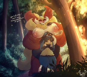 anthro blush bodily_fluids boob_hat breast_grab breasts dialogue duo female femboy forest genital_fluids hand_on_breast light male male/female nervous nipples overweight overweight_female plant size_difference sunlight tall text tree vaginal_fluids hetfli nintendo pokemon seri_(hetfli) canid delphox generation_4_pokemon generation_6_pokemon lucario mammal pokemon_(species) absurd_res english_text hi_res lol_comments