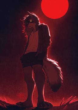 anthro barefoot black_sclera bottomwear brown_body brown_fur brown_hair cheek_tuft clothed clothing ear_piercing ear_ring facial_tuft feet fur hair jacket looking_at_viewer low-angle_view male moon mouth_closed neck_tuft piercing plantigrade pupils red_moon ring_piercing shirt shorts slit_pupils solo standing t-shirt tail text topwear tuft white_clothing white_shirt white_t-shirt white_topwear worm's-eye_view yellow_eyes azuza canid canine canis mammal wolf 2023 artist_name dated english_text full-length_portrait hi_res portrait red_theme
