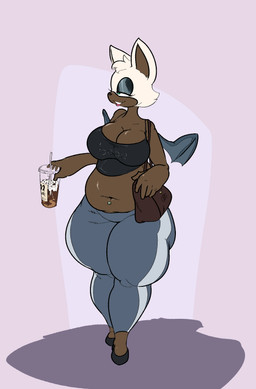 bat_wings belly beverage big_breasts breasts casual_scene clothing coffee coffee_cup container cup female huge_thighs leggings legwear membrane_(anatomy) membranous_wings overweight overweight_female shirt tank_top thick_thighs topwear walking wings sinfullapis sega sonic_the_hedgehog_(series) rouge_the_bat bat mammal absurd_res hi_res