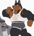 anthro barazoku blinking blush bodily_fluids bottomwear bouncing_bulge bouncing_pecs bulge clothed clothing duo exercise male muscular muscular_anthro muscular_male nipple_piercing nipples pecs piercing running shirt shorts simple_background solo_focus stare sweat tank_top tattoo topwear treadmill wet wet_clothing white_background workout hyaku_(artist) doberman_bouncer_(hyaku) canid canine canis dobermann domestic_dog felid mammal pinscher 2021 2d_animation animated frame_by_frame hi_res loop short_playtime