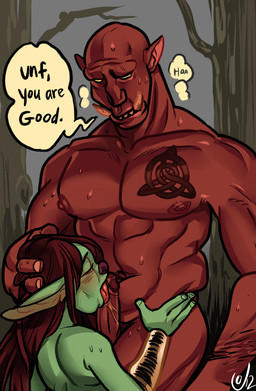 abs biceps big_muscles dialogue duo erection fellatio genitals green_body green_skin licking male male_focus muscular nipples not_furry nude oral orange_body orange_skin pecs penile penis penis_lick sex tattoo text tongue tongue_out triceps tusks ovens balst goblin humanoid orc english_text