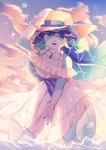 anthro biped blue_eyes blue_hair clothed clothing dress female front_view hair hat headgear headwear holding_clothing holding_hat holding_headgear holding_headwear holding_object jewelry long_hair looking_at_viewer necklace open_mouth partially_submerged solo split_form standing standing_in_water sun_hat sundress translucent translucent_clothing translucent_dress white_body sunnynoga canid canine canis domestic_dog mammal marine merfolk 2025 hi_res