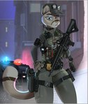 anthro armor armored_vehicle assault_rifle body_armor bulletproof_vest city city_background clothing female gun holster m4a1 police police_uniform police_vehicle raining ranged_weapon rifle solo tactical_gear uniform vehicle weapon zpd hinget disney swat zootopia fan_character valerie_(grizzlygus) cougar felid feline mammal