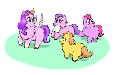 black_eyes blue_eyes collar eyelashes female female_feral feral fur green_eyes group hair head_accessory hooves looking_at_another looking_back looking_back_at_another mouth_hold open_mouth orange_hair orange_tail paper pink_body pink_fur pink_hair pink_tail purple_hair purple_tail simple_background standing tail white_collar wings yellow_body yellow_fur yellow_hooves young young_female young_feral carpdime fluffy_pony hasbro mlp_g5 my_little_pony mythology pipp_petals_(mlp) equid equine fluffy_pony_(species) mammal mythological_creature mythological_equine pegasus digital_media_(artwork) shaded