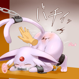 all_fours ambiguous_gender ass_up bdsm bit_gag blush bodily_fluids bound butt butt_slap chain cute_fangs disembodied_hand duo ears_down erogenous_tail eyes_closed fangs feral forked_tail fur gag gagged head_down heart_symbol long_ears long_tail looking_at_viewer pivoted_ears purple_body purple_fur saliva slap snout solo_focus spank_marks spanking speech_bubble sweat tail teeth text thin_tail unusual_anatomy unusual_tail alacarte nintendo pokemon canid canine eeveelution espeon generation_2_pokemon mammal pokemon_(species) 1:1 hi_res japanese_text