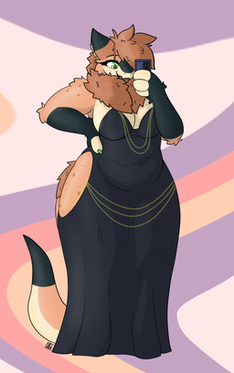 anthro belly breasts cellphone clothing dress electronics female fluffy freckles glistening glistening_eyes overweight phone smartphone smile solo tail taking_picture thick_thighs wide_hips kariwolf197 hollow_hip_backless_chain_dress zoey_(kariwolf197) mamagen hi_res gynomorph_(lore)