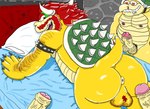 absurd_res all_fours anthro anus arm_hair armband armor ass_up ball_tuft balls beard bedroom belly big_balls big_butt big_penis blue_sheets bodily_fluids body_hair bowser butt chonky_draws detailed_background dripping facial_hair genital_fluids genitals glistening glistening_body glistening_hair grin group group_sex hair hairy_balls hammer_bro headgear heart_pupils helmet hi_res horn imminent_sex koopa koopa_troopa leaking_precum male male/male manly mario_bros moobs nails nintendo nipples orgy overweight overweight_anthro overweight_male penis pillow precum precum_drip presenting presenting_anus presenting_balls presenting_hindquarters pubes puffy_anus red_eyes red_hair rock_wall scalie sex sharp_teeth shell slightly_chubby smile spiked_armband spiked_shell spikes spikes_(anatomy) spiky_hair tail teeth thick_thighs tuft vein veiny_penis white_pillow wide_hips yellow_body