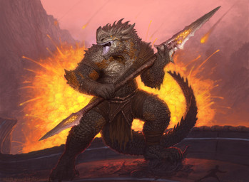 ambiguous_gender anthro bottomwear claws clothing day destruction explosion fire fireball front_view group holding_melee_weapon holding_object holding_polearm holding_spear holding_weapon horn loincloth macro male melee_weapon mountain open_mouth outside polearm running solo_focus spear standing tail wall_(structure) weapon john_tedrick hasbro magic:_the_gathering wizards_of_the_coast tyrox_(magic:_the_gathering) human mammal reptile scalie 2023 absurd_res hi_res official_art