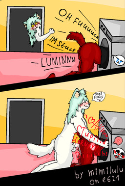 anthro anthro_on_anthro anthro_penetrated anthro_penetrating anthro_penetrating_anthro appliance bent_over black_clothing black_shirt black_topwear blush blush_lines bodily_fluids bottomless bottomless_anthro bottomless_female clothed clothing cum cum_drip cum_in_vagina cum_inside dialogue dripping duo female female_anthro female_penetrated from_behind_position fur genital_fluids genitals gynomorph gynomorph/female gynomorph_anthro gynomorph_penetrating gynomorph_penetrating_female impregnation internal intersex intersex/female intersex_anthro intersex_penetrating intersex_penetrating_female laundry_machine male male_penetrating nude nude_anthro nude_gynomorph ovum penetration penis red_body red_fur sex shirt simple_background speech_bubble sperm_cell stuck tail text topwear topwear_only vaginal vaginal_penetration washing_machine white_body white_fur mimilulu lumin_(mimilulu) pepper_(mimilulu) arctic_fox canid canine fox mammal true_fox 2026 comic english_text hi_res