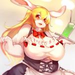 1:1 2018 4_fingers anthro atode_kimeru beverage big_breasts blonde_hair breasts buckteeth cleavage clothed clothing eyebrows eyelashes female fingers fur hair half-length_portrait happy holding_object huge_breasts kemono lagomorph leporid long_ears long_hair looking_at_viewer low-angle_view mammal open_mouth portrait rabbit red_eyes ribbons solo teeth waiter white_body white_fur