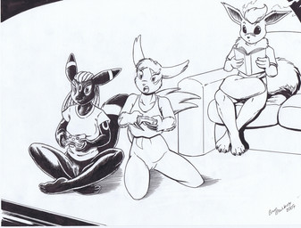 3_toes ambiguous_gender anthro anthrofied arms_bent barefoot bent_legs biped book bottomless bottomless_ambiguous bottomless_anthro bottomless_female breasts casual_exposure claws clothed clothing controller crossed_ankles feet female furniture game_controller gaming genitals group hair holding_book holding_controller holding_game_controller holding_object kneeling legs_over_edge lotus_pose multiplayer open_book over_edge pillow pillow_on_lap playing_video_game pokemorph shirt shirt_only simple_background sitting sofa spread_knees t-shirt tail text toes topwear topwear_only trio vulva white_background xbox_360_controller xbox_controller year brian_mcpherson microsoft nintendo pokemon xbox xbox_360 xbox_game_studios eeveelution flareon generation_1_pokemon generation_2_pokemon generation_3_pokemon pokemon_(species) umbreon zangoose 2009 alternate_version_at_source artist_name black_and_white dated english_text handwritten_text line_art monochrome signature