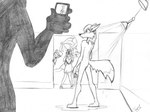 anthro butt camera clothing dress electronics female group holding_object humiliation inside male nude open_mouth phone shower smile tongue_showing cirruskitfox misha_(gammaeradon) mammal monochrome sketch