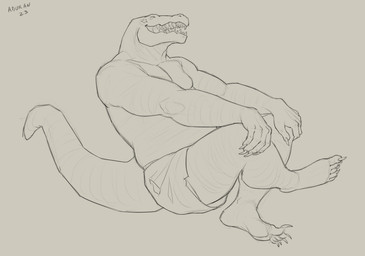 anthro belly big_belly bottomwear clothed clothing eyes_closed happy male markings muscular muscular_anthro muscular_male open_mouth open_smile overweight overweight_anthro overweight_male sharp_teeth shorts side_view simple_background sitting smile solo star_(marking) teeth topless aduran milo_(aduran) crocodile crocodilian reptile scalie 2023 dated hi_res monochrome signature sketch