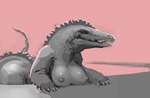 anthro big_breasts big_butt breasts butt claws fangs female looking_at_viewer nipples non-mammal_breasts non-mammal_nipples nude open_mouth simple_background solo teeth tongue meandraco alligator alligatorid crocodilian monster reptile scalie