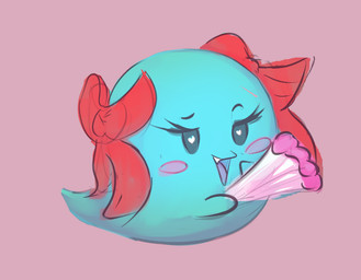 blue_body blush bow_ribbon female heart_eyes heart_symbol holding_object looking_at_viewer not_furry open_mouth pink_background simple_background solo teeth squaresville mario_bros nintendo paper_mario lady_bow boo_(mario) ghost spirit waddling_head 2024