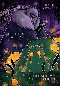 ambiguous_gender antennae_(anatomy) anthro bodily_fluids clothed clothing crying dialogue eyebrows eyelashes female green_body group holding_object neck_tuft orange_eyes tears text tuft white_text netmors hollow_knight_(franchise) team_cherry seer_(hollow_knight) arthropod infected_(species) insect lepidopteran moth 2019 absurd_res english_text hi_res