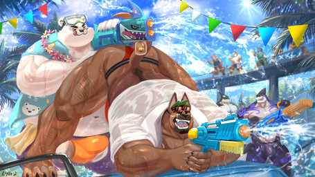 aloha_shirt anthro ass_up barazoku belly brown_body brown_fur bulge butt clothing eyebrows eyewear eyewear_on_head fur goggles goggles_on_head group male male/male muscular muscular_anthro muscular_male overweight pattern_clothing pattern_shirt pattern_topwear pecs pupils shirt slit_pupils speedo swimwear thick_eyebrows topwear toy toy_gun water water_gun wet wet_clothing white_body white_fur lygarus songkran xxl_woofia captain_locke_(xxl_woofia) orem_(xxl_woofia) paul_the_polar_bear saeng aquatic bear canid canine canis cetacean dolphin domestic_dog fish mammal oceanic_dolphin orca polar_bear shark toothed_whale ursine 16:9 hi_res widescreen