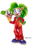 anthro clothing cosplay female footwear green_hair hair long_hair makeup mask necktie parody ponytail purple_eyes shoes simple_background solo suit nitroneato activision batman_(series) crash_bandicoot_(series) dc_comics coco_bandicoot the_joker bandicoot mammal marsupial 2021 hi_res signature