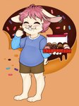 anthro buckteeth crumbs dessert doughnut eating floppy_ears food layered_clothing male overweight overweight_male pastry slightly_chubby solo teeth whiskers vicky_art dunkin'_donuts joshie_(calahootheyeen) hare lagomorph leporid mammal rabbit 3:4 hi_res