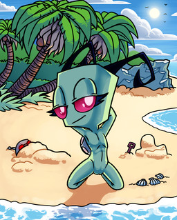 antennae_(anatomy) beach bedroom_eyes cloud female genitals green_body kneeling looking_at_viewer narrowed_eyes nude palm_tree pink_eyes plant pose sand sea seashell seductive shadow shell shovel size_difference sky slim smaller_female solo sun tools tree vulva water reynaruina invader_zim nickelodeon invader_tenn alien humanoid irken sir_unit hi_res