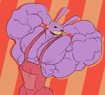 abs abstract_background anthro big_ears big_muscles clothed clothing flexing hands_behind_head huge_muscles hyper hyper_muscles looking_down male muscular muscular_anthro muscular_male nipples overalls pattern_background pecs purple_body red_clothing simple_background small_waist smile solo striped_background teeth tight_clothing triceps yellow_teeth remert glitch_productions the_amazing_digital_circus jax_(tadc) lagomorph leporid mammal rabbit absurd_res hi_res