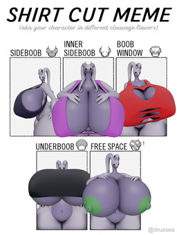 anthro areola big_breasts breasts cleavage_cutout clothed clothing cutout deep_cleavage female genitals green_areola green_eyes green_nipples hand_on_breast hand_on_hip huge_breasts hyper hyper_breasts looking_at_viewer multicolored_body navel nipples purple_body shirt side_boob simple_background slightly_chubby solo text topwear two_tone_body under_boob vulva white_background darkdraketom nintendo pokemon shirt_cut_meme generation_6_pokemon goodra pokemon_(species) 3d_(artwork) digital_media_(artwork) english_text hi_res meme