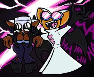anthro clothing coat duo electricity eyewear fangs female footwear goggles green_eyes lab_coat laugh lightning lightning_bolt lips looking_at_another maniacal_laughing membrane_(anatomy) membranous_wings neck_bolts platform_footwear platform_shoes scientist shoes teeth thick_lips topwear wings frostlock sega sonic_the_hedgehog_(series) blush_the_bat frankenstein frankenstein's_monster rouge_the_bat bat mammal patchwork_creature
