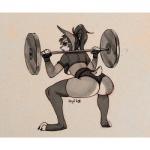 5_fingers anthro barbell black_hair exercise female fingers hair paws solo squatting_position weightlifting workout va_art 1:1 2019 letterbox traditional_media_(artwork)