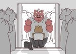 5_fingers anthro bottomwear brown_body clothing fingers group kemono male open_mouth pants red_body shirt size_difference slightly_chubby topwear hon55728 mammal suid suine sus_(pig) wild_boar 2025 hi_res