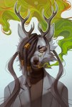 anthro antlers brown_clothing brown_hair brown_nose brown_topwear cigarette cigarette_in_mouth clothed clothing colored_smoke dreadlocks eyebrow_piercing eyelashes eyewear facial_piercing facial_spots front_view fur glasses glistening glistening_eyes green_smoke grey_background grey_body grey_clothing grey_fur grey_hair grey_jacket grey_spots grey_topwear hair hair_over_eye horn jacket light_body light_fur light_hair looking_at_viewer male narrowed_eyes object_in_mouth one_eye_obstructed piercing round_glasses simple_background smoke smoking solo spots spotted_face topwear wearing_glasses yellow_eyes yellow_sclera marie_merkh canid hybrid mammal absurd_res artist_name half-length_portrait hi_res portrait