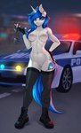 5_fingers anthro areola blue_eyes breasts car clothing cuff_(restraint) cutie_mark eyelashes female fingerless_gloves fingers genitals gloves handcuffs handwear horn legwear looking_at_viewer metal_cuffs motor_vehicle navel nipples police police_car police_vehicle pussy restraints solo vehicle u_lu_lu hasbro my_little_pony mythology fan_character equid equine mammal mythological_creature mythological_equine unicorn 2022 absurd_res digital_media_(artwork) hi_res