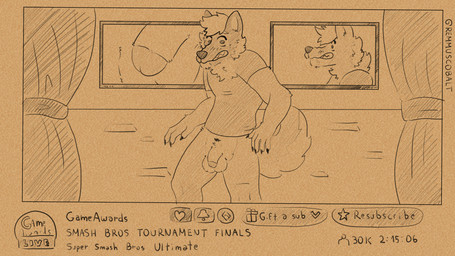 assisted_exposure balls blush bottomwear bottomwear_down camera close-up clothed clothing crowd curled_tail curtains dialogue electronics embarrassed eyes_closed genitals group humanoid_genitalia livestream male male/male microphone onomatopoeia pants pants_down pantsing partially_clothed penis screen sound_effects stage tail text toothy_grin remmus_cobalt primo_foxx canid canine fox mammal 16:9 4k absurd_res english_text hi_res widescreen