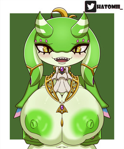 anthro areola big_areola big_breasts big_nipples blush breast_squish breasts female front_view green_areola green_body green_nipples hand_on_breast holding_breast huge_areola huge_breasts jewelry jewelry_only looking_at_viewer navel necklace nipples non-mammal_breasts non-mammal_nipples nude nude_anthro nude_female open_mouth open_smile pupils sharp_teeth simple_background slit_pupils smile solo squish teeth tongue yellow_eyes hatomii nintendo the_legend_of_zelda yona_(tloz) aquatic zora absurd_res half-length_portrait hi_res portrait
