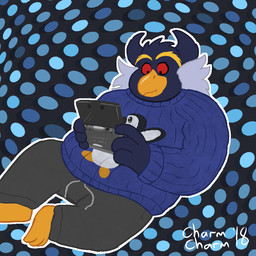 3_claws anthro bottomwear claws clothing lying male on_back overweight overweight_anthro overweight_male pants pattern_background simple_background solo sweater sweatpants topwear charmcharmcharm nintendo nintendo_3ds nintendo_ds_family pen-pen_(rawk-hawpper) avian bird crested_penguin penguin rockhopper_penguin 1:1