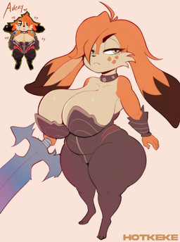 anthro belly big_breasts big_butt big_ears breasts butt cleavage clothed clothing female huge_breasts huge_butt huge_hips huge_thighs long_ears melee_weapon shortstack side_boob slightly_chubby solo sword thick_thighs tight_clothing weapon wide_hips hotkeke1 atlyss lagomorph leporid mammal poon_(atlyss) rabbit absurd_res hi_res