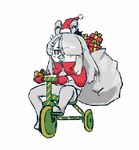 bag blush christmas_clothing christmas_headwear clothed clothing facial_hair female fully_clothed gift gloves grey_clothing grey_ears grey_hair hair handwear hat headgear headwear holidays inner_ear_fluff long_hair mustache santa_hat simple_background solo tricycle tuft vehicle white_background white_body unknown_artist christmas animal_humanoid humanoid lagomorph lagomorph_humanoid mammal mammal_humanoid 2d_animation animated low_res short_playtime