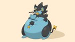 ambiguous_gender belly big_belly black_body black_fur blue_body blue_fur duo feral food force_feeding forced fur huge_belly hyper hyper_belly overweight quadruped simple_background size_difference sound_effects standing stuffing text thick_thighs pukupukudragon nintendo pokemon generation_4_pokemon luxray pokemon_(species) shinx 16:9 widescreen