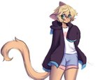 anthro black_clothing black_hoodie black_topwear blonde_hair blue_bottomwear blue_clothing blue_shorts blush bottomwear clothed clothing female fully_clothed fur green_eyes hair hoodie orange_body orange_fur shirt shorts simple_background smile solo standing topwear white_background white_clothing white_shirt white_topwear anakoluth domestic_cat felid feline felis mammal 2021 hi_res