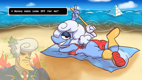 atlantis beach bedroom_eyes big_butt bikini bikini_bottom bikini_top breasts butt camel_toe clothed clothing cloud dialogue dialogue_box duo female fire gesture glistening glistening_body glistening_butt hand_gesture lying lying_on_breasts male narrowed_eyes necktie not_furry on_front pigtails pointer pointing pointing_at_self pyramid rain_boots raised_leg sand sea seductive sky skyscape suit swimwear text towel two-piece_swimsuit water perinia deltarune jojo's_bizarre_adventure undertale_(series) elnina_(deltarune) lanino_(deltarune) air_creature animal_humanoid bovid bovid_humanoid caprine caprine_humanoid darkner elemental_creature elemental_humanoid humanoid living_cloud living_moon mammal mammal_humanoid sheep sheep_humanoid 16:9 english_text hi_res shaded widescreen