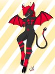 2_toes antennae_(anatomy) anthro black_body cable_tail feet fur hair male red_eyes red_hair smile solo tail teeth toes wings vivzlover demon 3:4